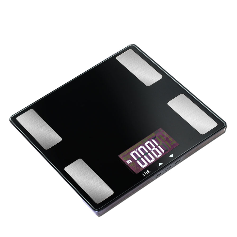 Electronic Digital Bathroom Scale with Bluetooth, featuring a tempered glass platform and large LCD display for health measurements.